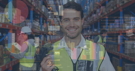 Image of statistics and financial data processing over man working in warehouse