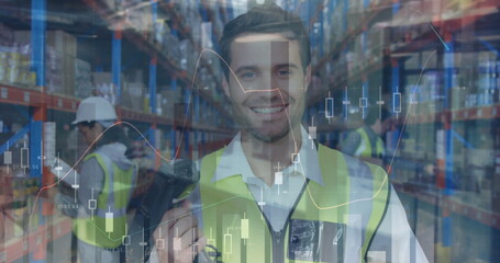 Image of statistics and financial data processing over man and woman working in warehouse