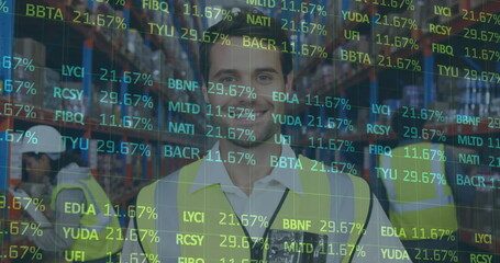 Image of financial data processing over man working in warehouse