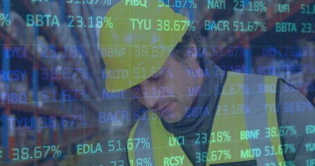 Image of financial data processing over man working in warehouse