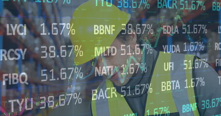 Image of financial data processing over man working in warehouse