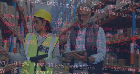 Image of financial data processing over man and woman working in warehouse