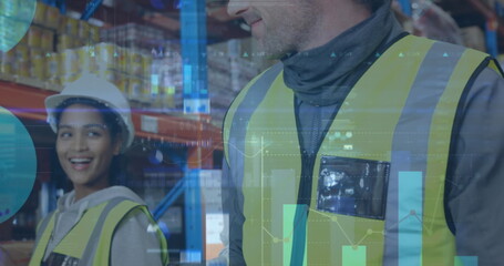 Image of statistics and financial data processing over man working in warehouse