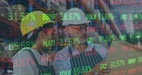 Image of financial data processing over man and woman working in warehouse