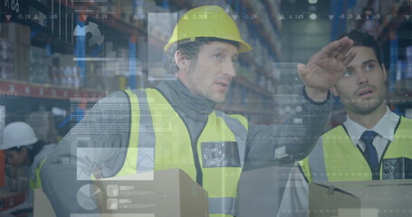 Image of statistics and financial data processing over men working in warehouse