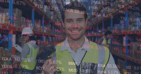 Image of financial data processing over man and woman working in warehouse