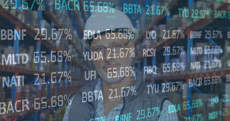 Image of financial data processing over man working in warehouse