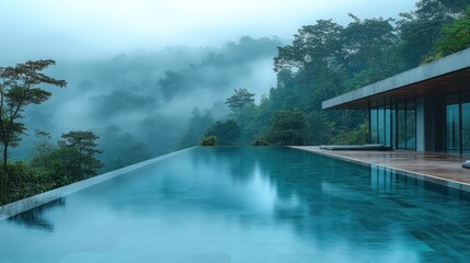 Modern infinity pool overlooking misty rainforest.