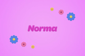 Norma female girl name illustration in pink with blossoms, flowers