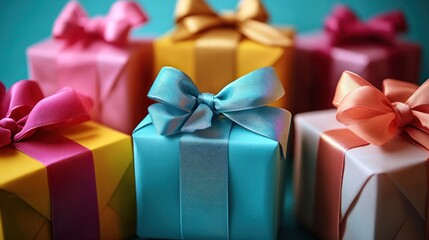 Colorful presents with ribbons on teal background.