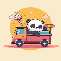 Panda on ice cream truck, vector illustration.
