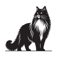 Exquisite Norwegian Forest Cat silhouette, a true masterpiece of feline form - Norwegian Forest Cat illustration - Norwegian Forest Cat vector - cat silhouette

