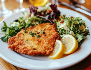 Crispy Golden Schnitzel with Side of Mashed Potatoes and Fresh Greens � A Mouthwatering Comfort...