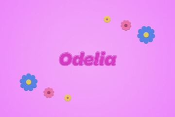 Odelia female girl name illustration in pink with blossoms, flowers
