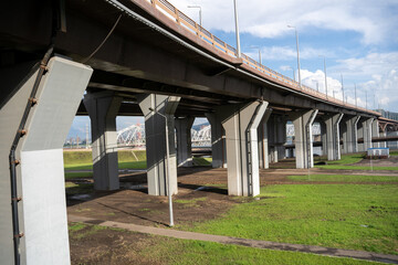 Large concrete support columns for a bridge or elevated roadway