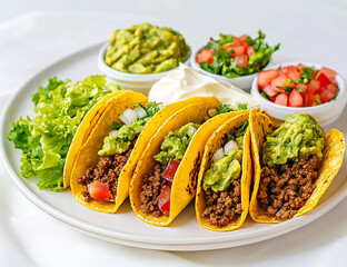 Three Tacos Stuffed with Seasoned Ground Beef, Crisp Lettuce, Melted Cheese, and a Side of Salsa