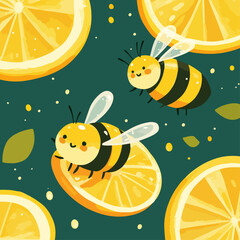 There are bees around the lemon slice, vector illustration.
