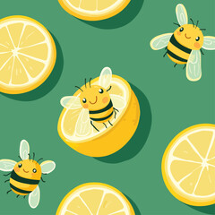 There are bees around the lemon slice, vector illustration.