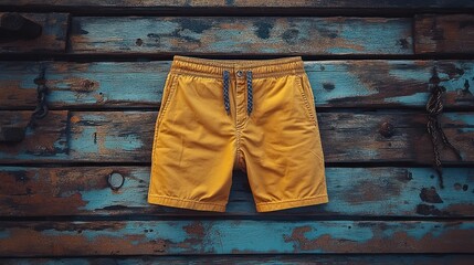 Mustard yellow shorts on rustic wood background.