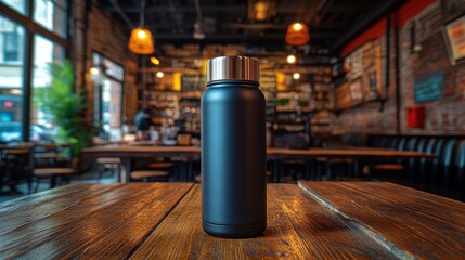 Black insulated bottle on wooden table in cafe.