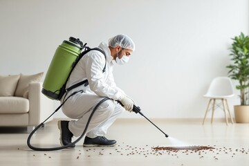Pest control specialist spraying insects on floor, wearing protective suit, modern minimal room background, concept of extermination service. Ai generative