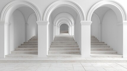 Fototapeta premium Elegant White Hallway with Symmetrical Arches and Staircases