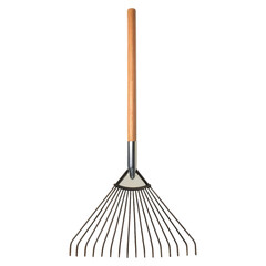 A metal rake with a wooden handle, designed for gathering leaves or debris, featuring a wide, fan-shaped head with multiple tines.