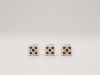Three dice, standing in a line, value five, white background, close-up