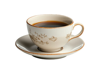 isolated transparent Background. vintage cup and saucer with coffee, showcasing elegant floral designs, evokes warmth and comfort