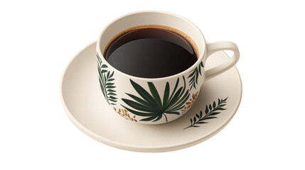 isolated transparent Background. beautiful coffee cup with saucer, featuring botanical designs and filled with dark coffee
