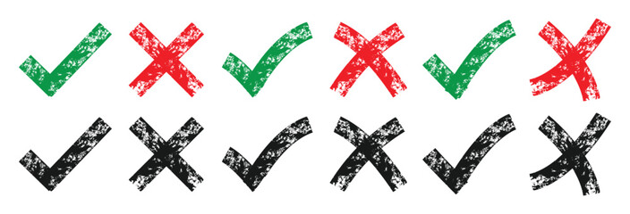 Check mark and cross mark. Grunge brush hand draw  Yes and no icon. Check mark or tick mark and cross with brush signs, green check mark/OK and red X icons, symbols  © UniquePackages