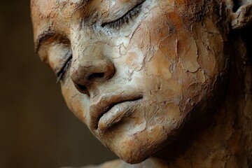 Captivating close-up reveals intricacies of a sculpture that emphasizes human emotion and artistry with visible texture and depth