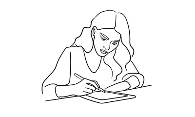 Woman drawing on tablet, continious line drawing. Drawing, teaching, artist. Vector illustration
