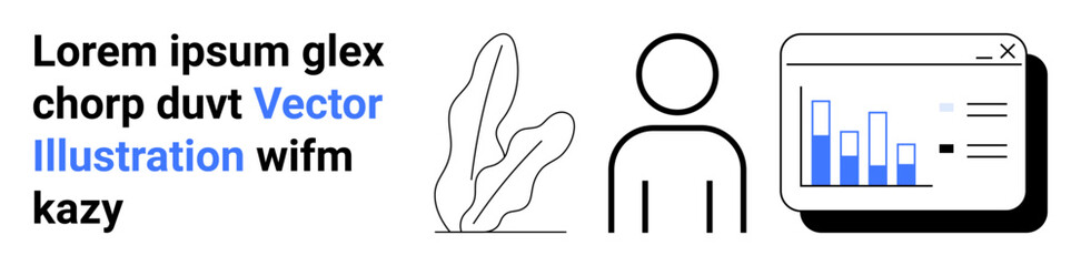 Human outline, chart display window with bar graph, abstract plant detail, text block. Ideal for data analysis, team collaboration, website design, business strategy, marketing statistics simple