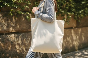 Neutral canvas tote bag worn by woman in casual outfit, photographed outdoors against stone wall with green ivy background. Concept of eco fashion. Ai generative