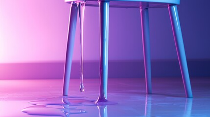 A colorful chair with paint dripping onto the floor, creating an artistic and vibrant atmosphere in a modern indoor setting.