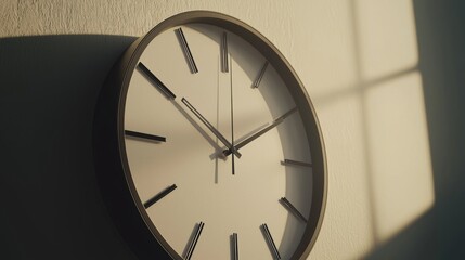A contemporary wall clock casting shadows in natural light, symbolizing the passage of time and modern design aesthetics.