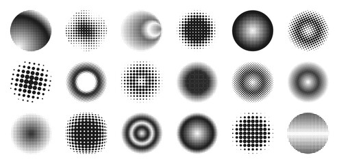 Big set of halftone circle sphere dots pattern. Collection of black vector shapes for design. Circular gradient, pop comic texture, round abstract geometric spots. Isolated on a white background.