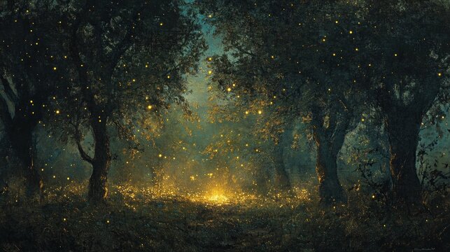 Enchanting twilight forest illuminated by the ethereal glow of fireflies