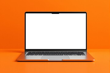 Open silver laptop with blank white display on orange desk, minimal style, bright solid background, concept of workspace or creative content. Ai generative