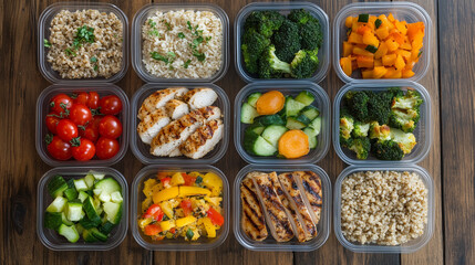 Healthy meal prep with chicken, grains, and vegetables in containers