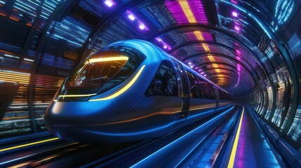 Fototapeta premium Futuristic train speeding through a brightly lit tunnel system