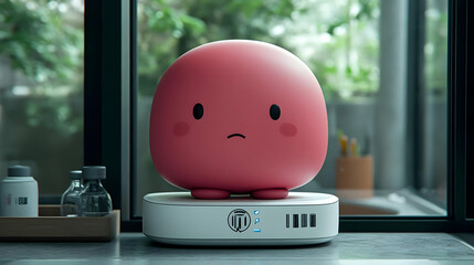 Minimalist Pink Pixelated Cartoon Character on a White Platform with Blurred Background and Window Lighting Style for Adobe Stock Photos