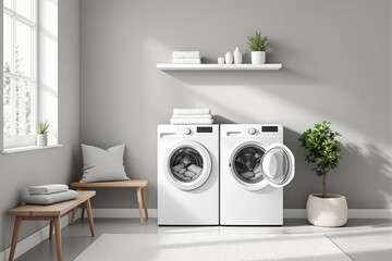 Two front-load washing machines in a modern laundry room with wooden furniture, indoor plants, and soft light gray background. Creative home organization. Ai generative