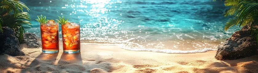 Obraz premium Tropical beach cocktails on a golden sandy beach with clear blue waters