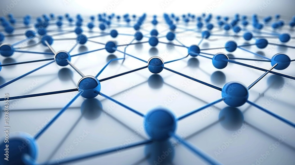 Poster abstract digital network pattern with interconnected lines and circles in blue.