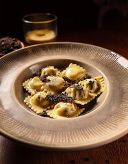 Close-Up of Truffle Ravioli Served on Ceramic Plate