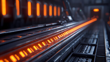 A futuristic interior with illuminated orange lines, conveying a sleek, high-tech atmosphere, likely part of a transport or industrial setting.