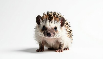 A single hedgehog, centered, against a stark white backdrop , macro, studio shot