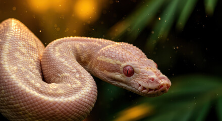 Fototapeta premium Albino snake in lush environment: exotic wildlife photography for posters and prints